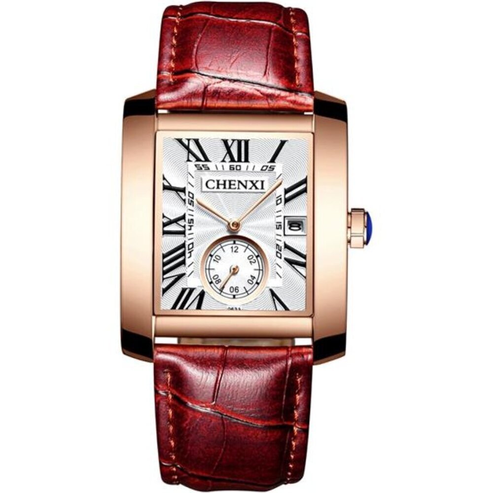 Square Quartz Watch for Men Calendar Leather Strap
